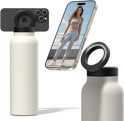 Botella de agua de acero inoxidable con trípode magnético para teléfono