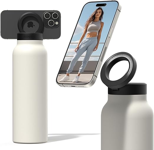Botella de agua de acero inoxidable con trípode magnético para teléfono